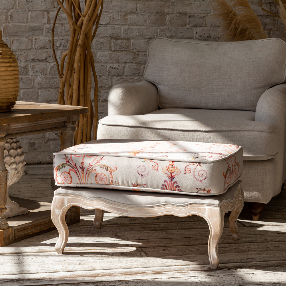 Мягкая банкетка из массива бука серая с растительным орнаментом Raffael Grey Floral Banquette