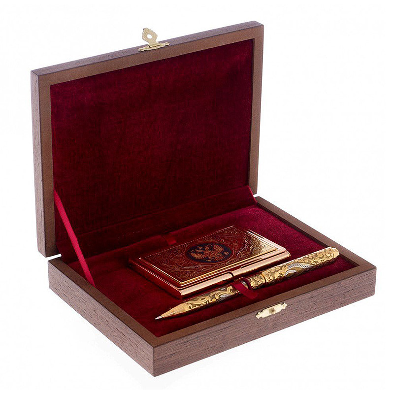 Набор из ручки шариковой металлической и карманной визитницы с гравировкой Герба России Metal Pens