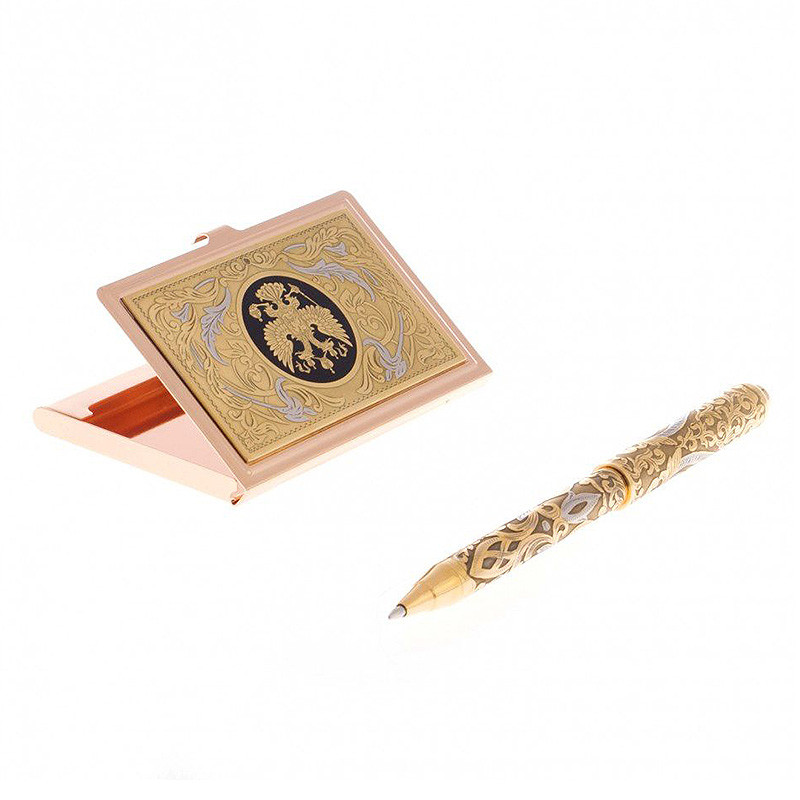 Набор из ручки шариковой металлической и карманной визитницы с гравировкой Герба России Metal Pens