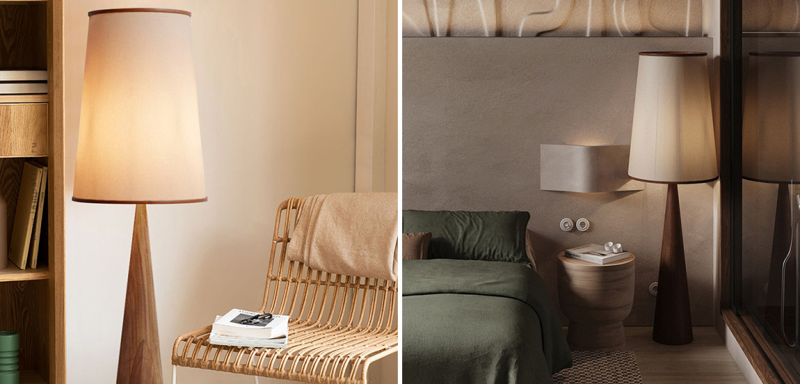 Напольный светильник с трапециевидным текстильным абажуром на коническом основании из цельного дерева SARAS