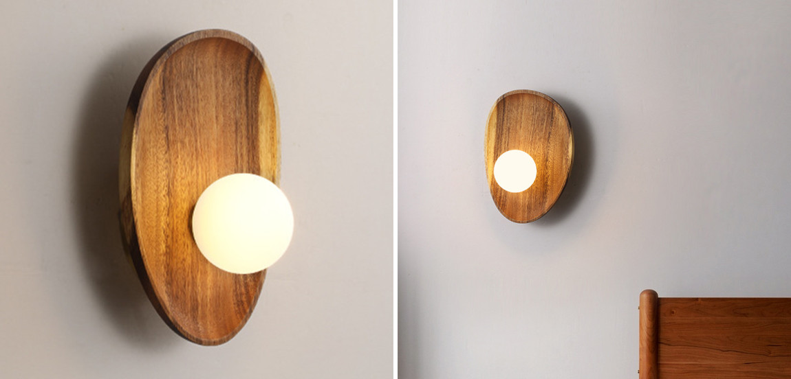 Настенный светильник с деревянным основанием и круглым стеклянным плафоном Fabre Wood Wall Lamp