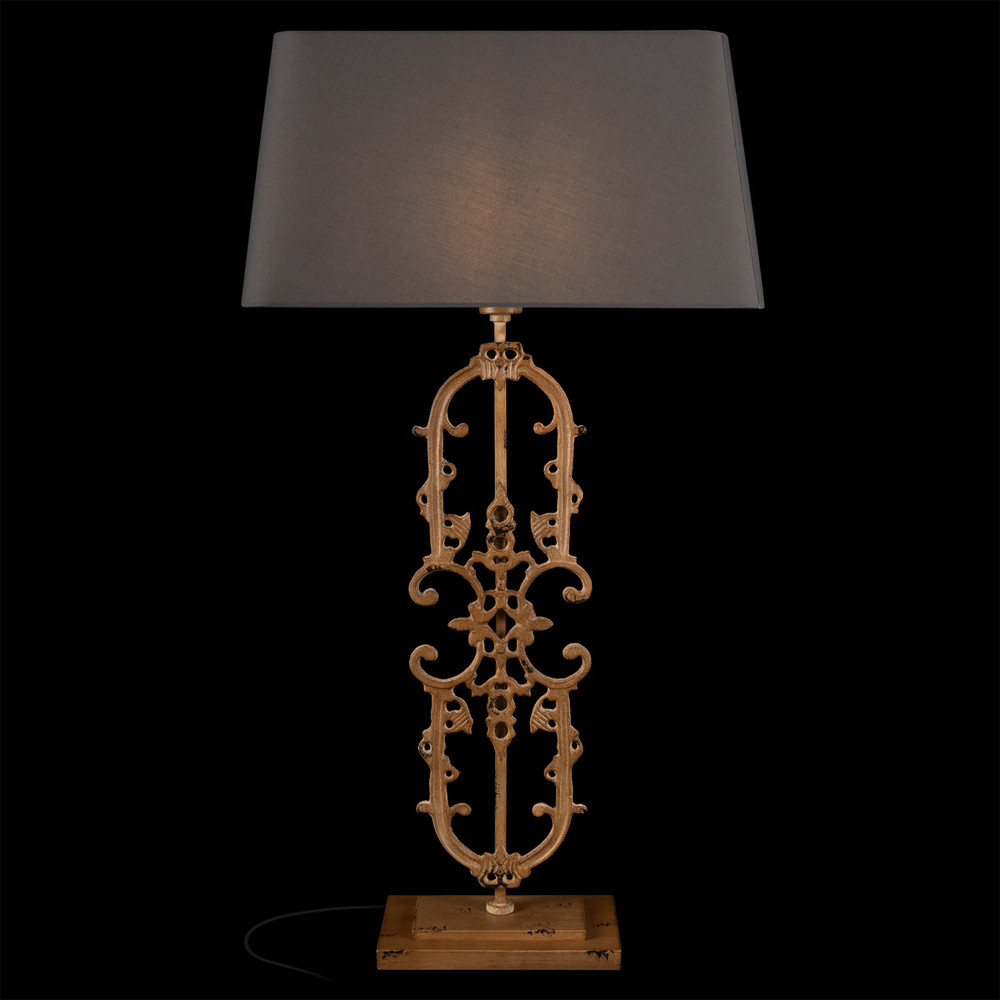 Настольная лампа на ажурном чугунном основании с тканевым серым абажуром Openwork Lamp