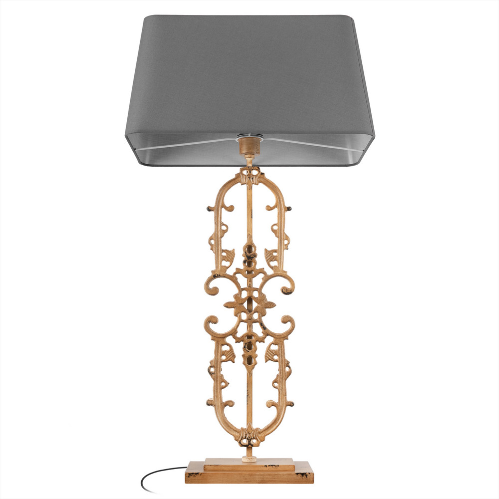 Настольная лампа на ажурном чугунном основании с тканевым серым абажуром Openwork Lamp