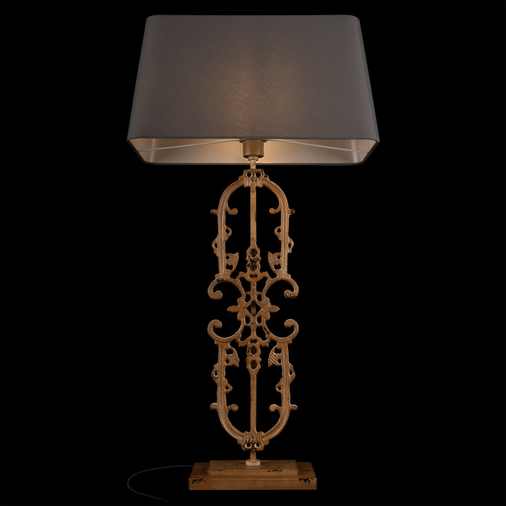 Настольная лампа на ажурном чугунном основании с тканевым серым абажуром Openwork Lamp