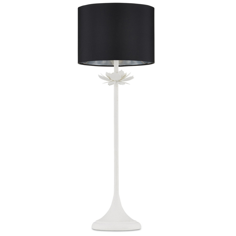 Настольная лампа с декором в виде белого цветка магнолии на каркасе и черным абажуром White Magnolia