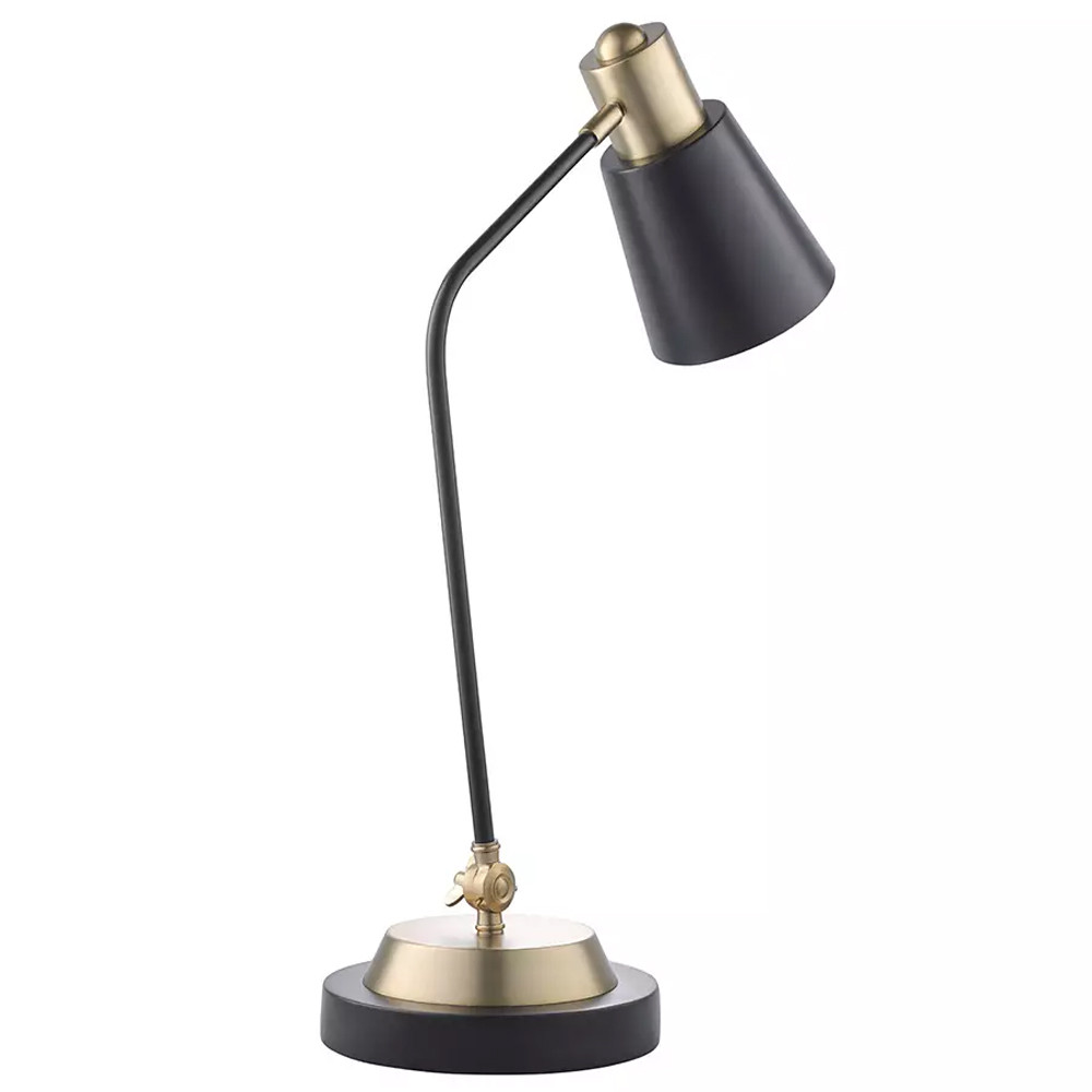 Настольная лампа с наклонным корпусом и подвижным плафоном в сочетании золотистого и чёрного цвета Work Surface Light