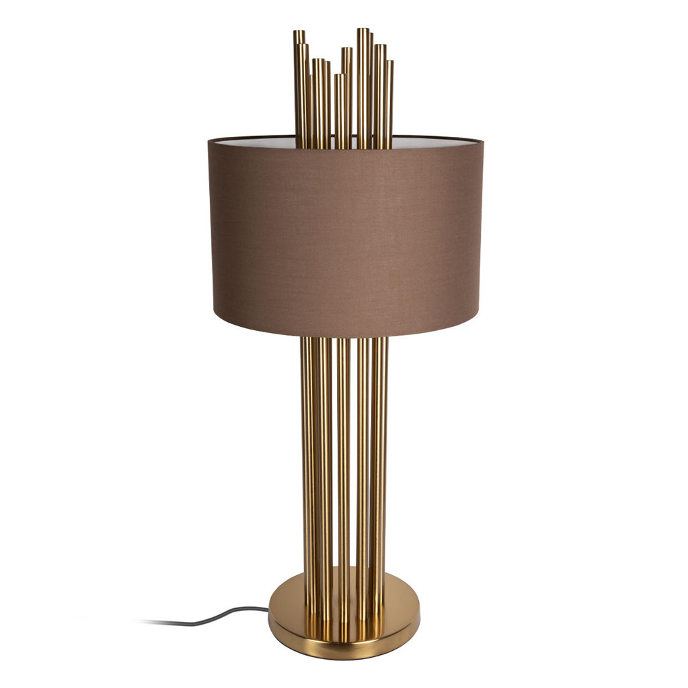 Настольная лампа с цилиндрическим абажуром из коричневой ткани и золотыми трубочками Brown Aura