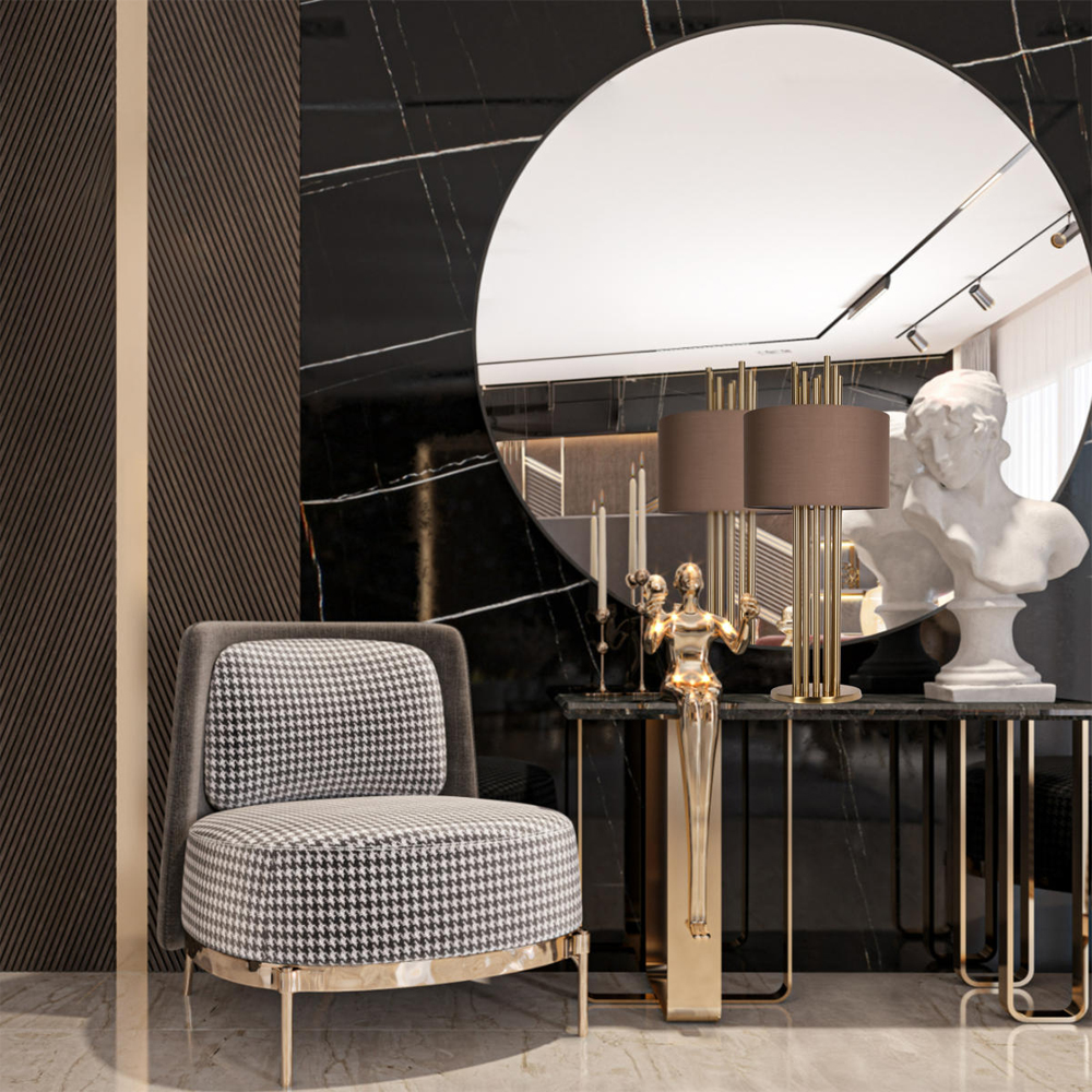 Настольная лампа с цилиндрическим абажуром из коричневой ткани и золотыми трубочками Brown Aura