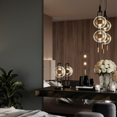 Настольная лампа черного цвета с круглым прозрачным стеклянным плафоном Virelia