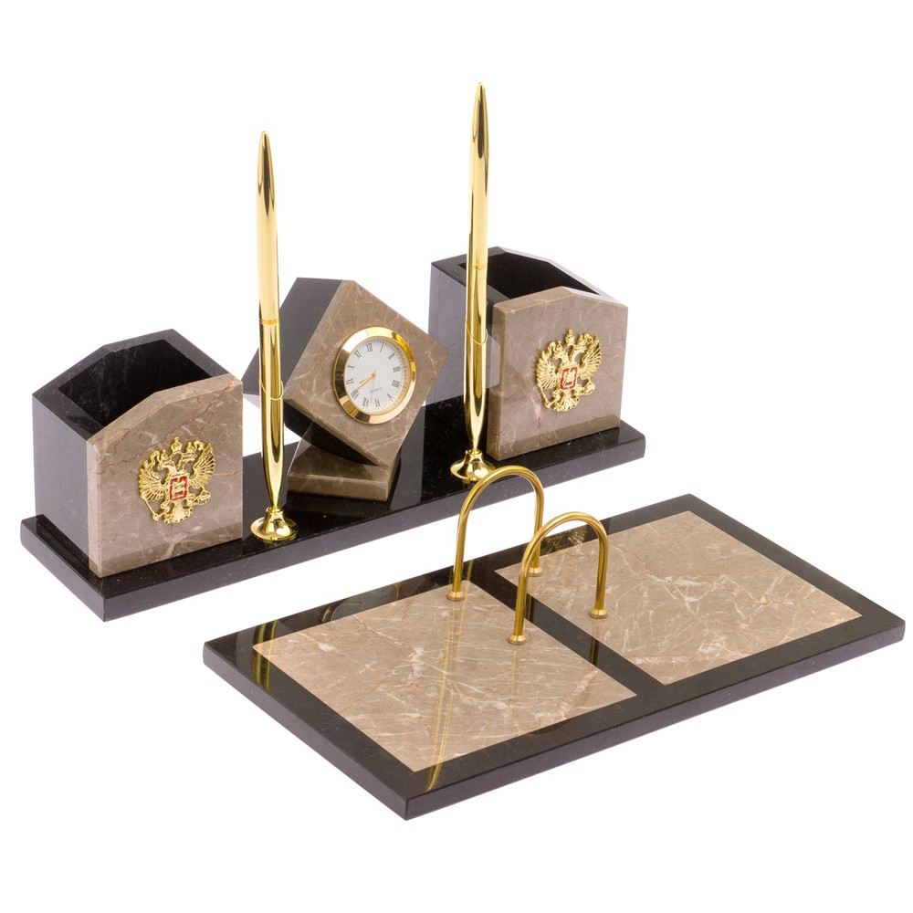 Настольный письменный набор из бежевого мрамора с часами Marble Accessory