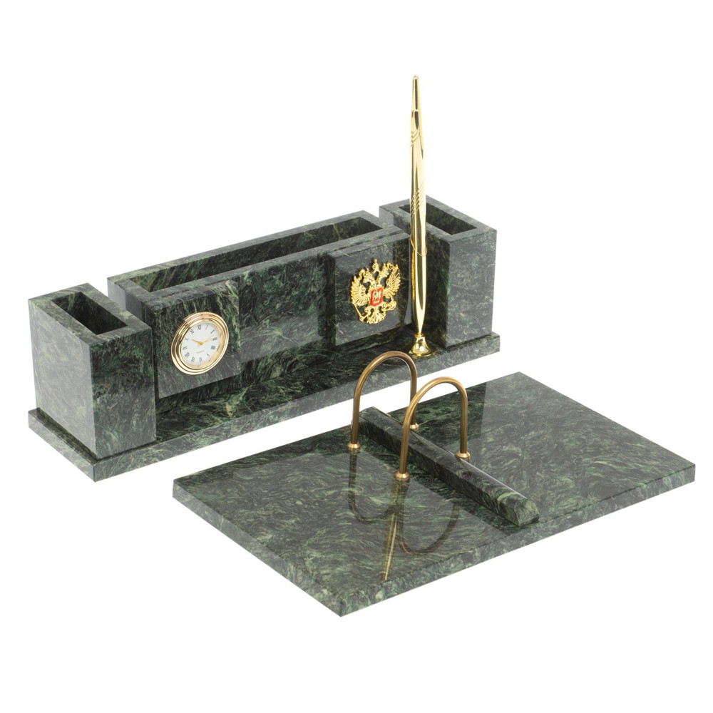 Настольный письменный набор из змеевика с подставкой под календарь и часами Successful Leader