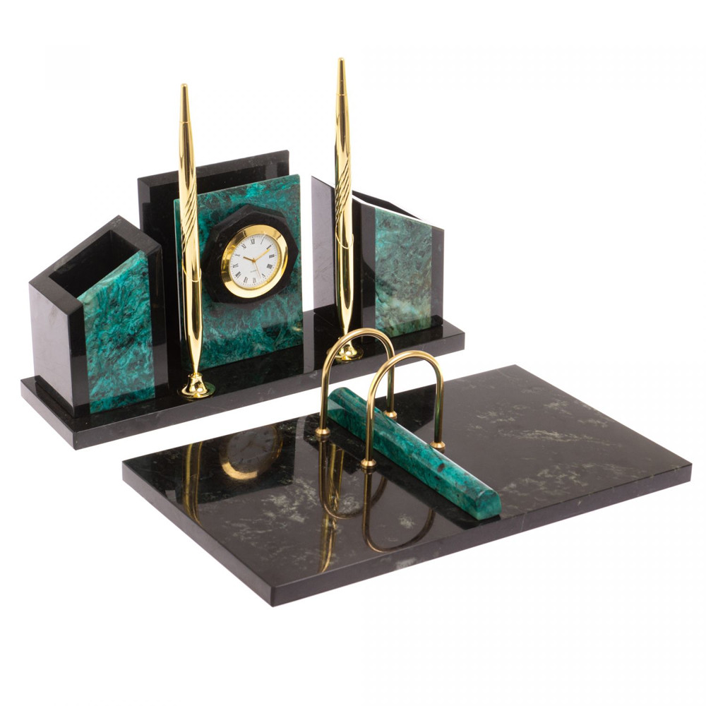 Настольный письменный набор из змеевика с часами Successful Leader