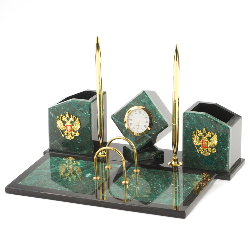 Настольный письменный набор из змеевика с часами и гербом Successful Leader