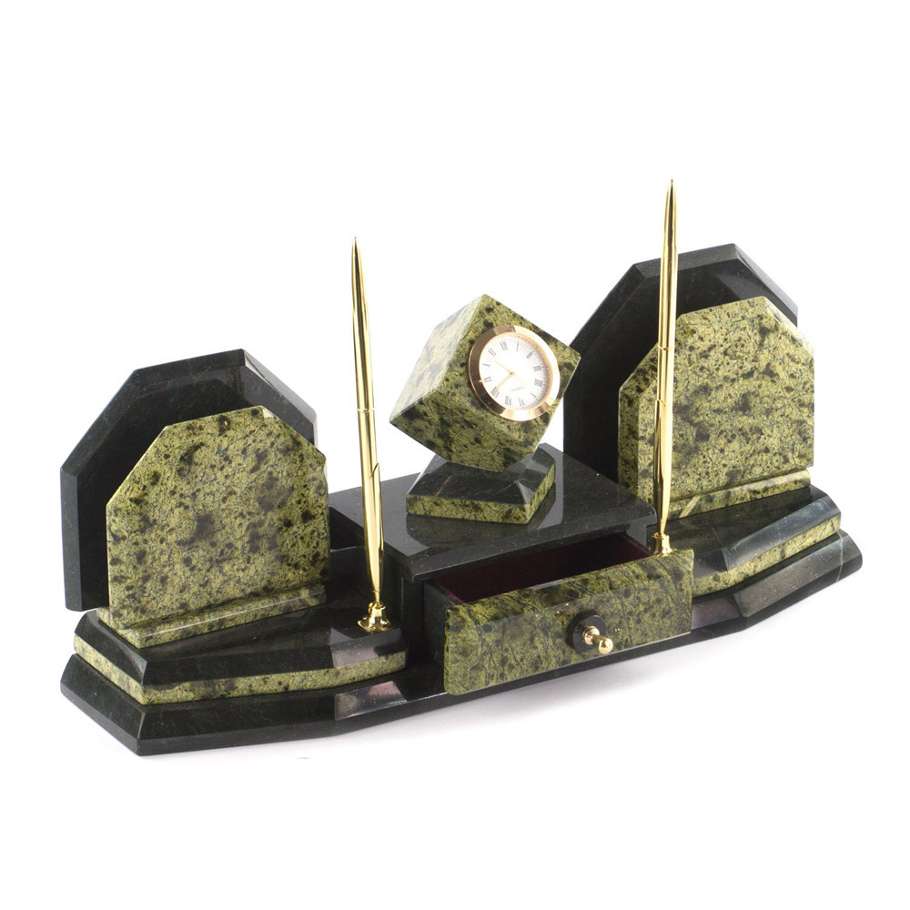 Настольный письменный набор из змеевика с часами и таблетницей Successful Leader