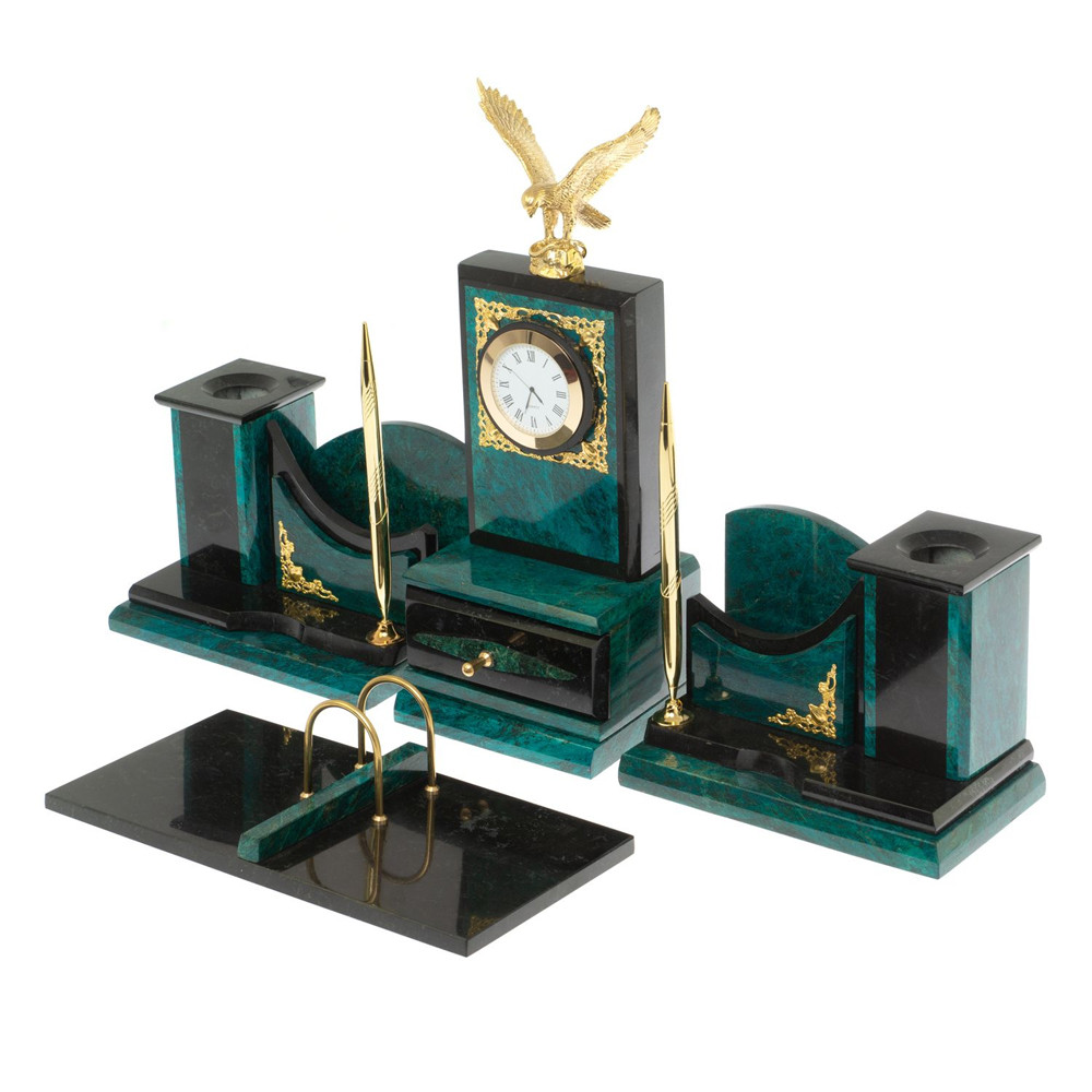 Настольный письменный набор из змеевика тёмно-зелёного цвета с декором в виде орла Successful Leader