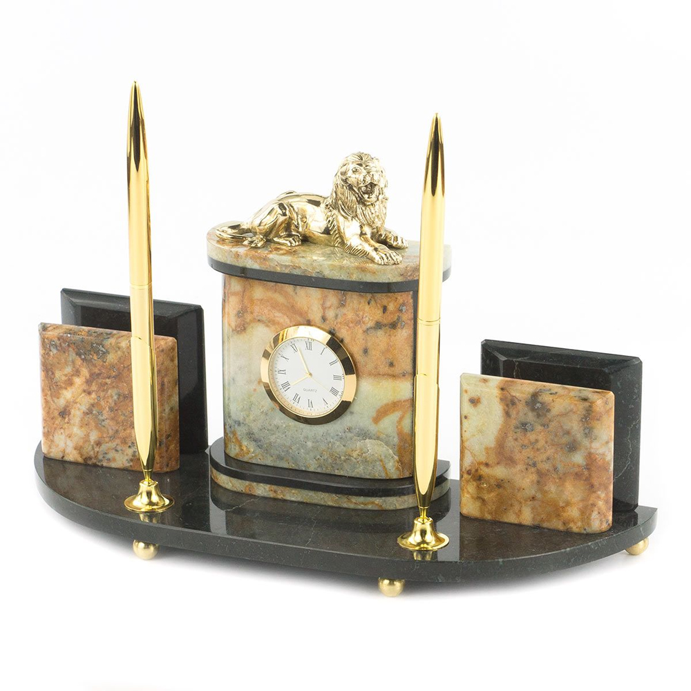 Настольный письменный набор из камня офиокальцит и бронзы с декором в виде льва Successful Leader