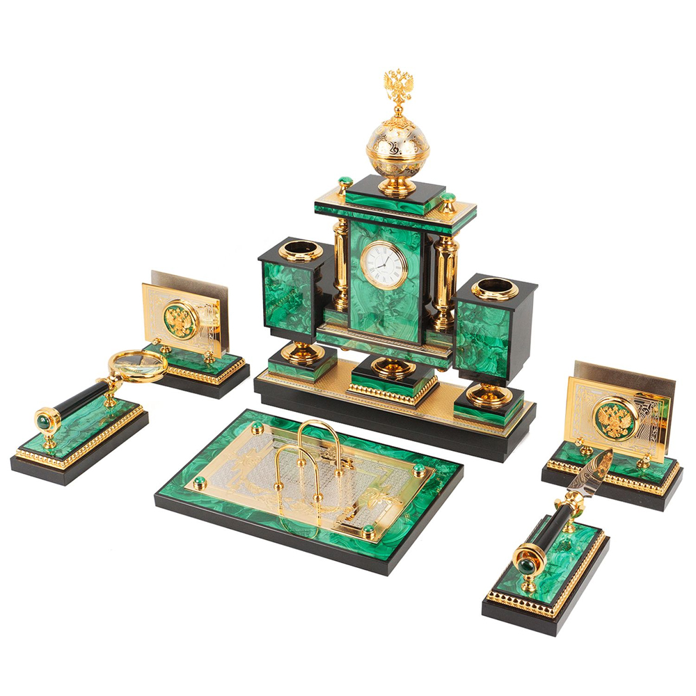 Настольный письменный набор из малахита и долерита с декором в виде герба России Leader Organizer