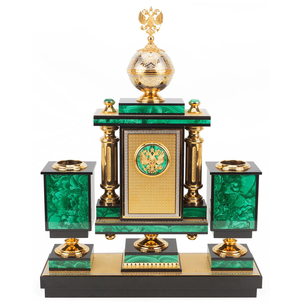 Настольный письменный набор из малахита и долерита с декором в виде герба России Leader Organizer