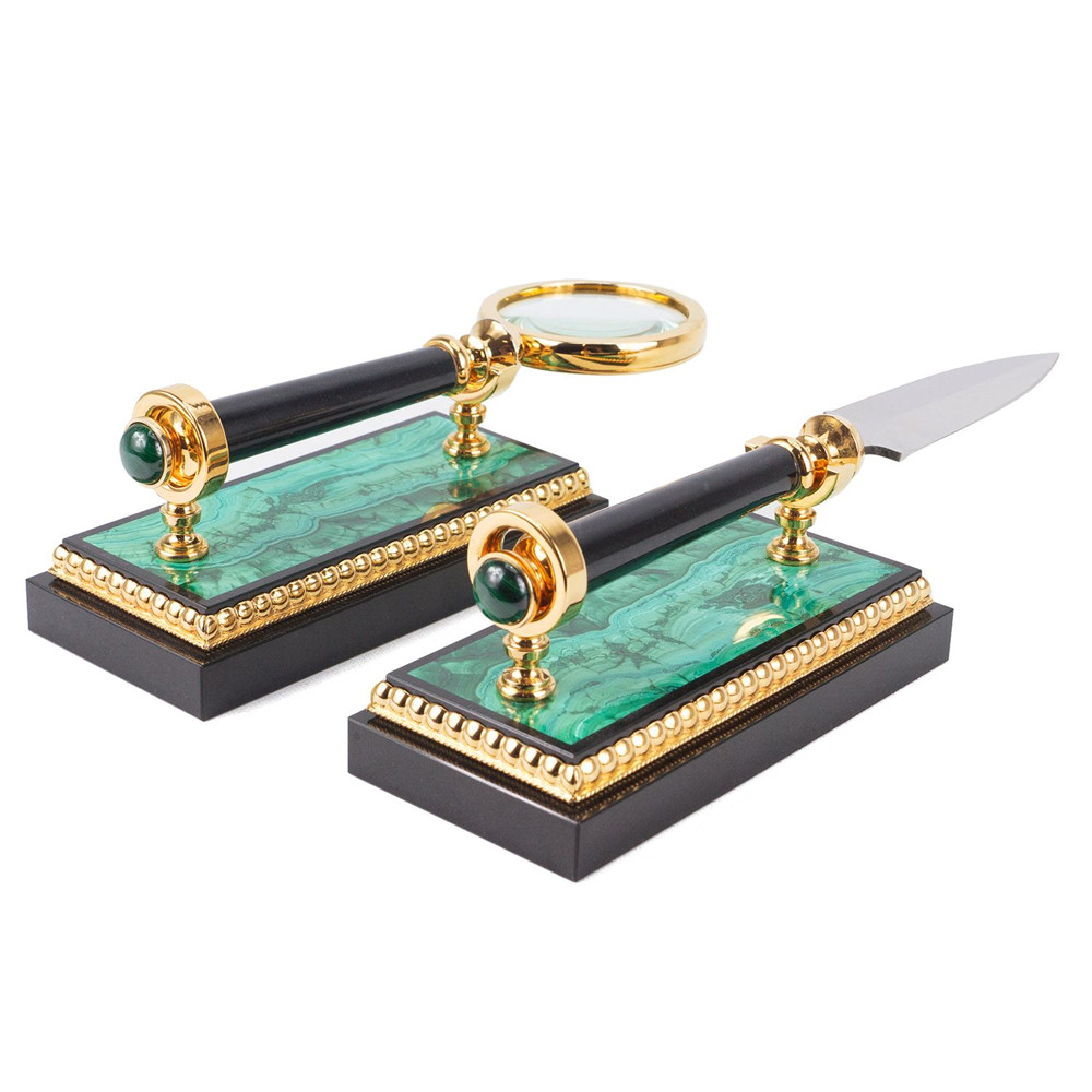 Настольный письменный набор из малахита и долерита с декором в виде герба России Leader Organizer