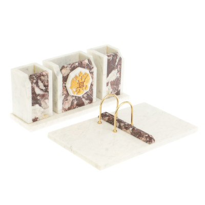 Настольный письменный набор из мрамора и креноида с гербом России Marble Accessory