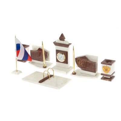 Настольный письменный набор из мрамора и лемезита с гербом и флагом России Marble Accessory