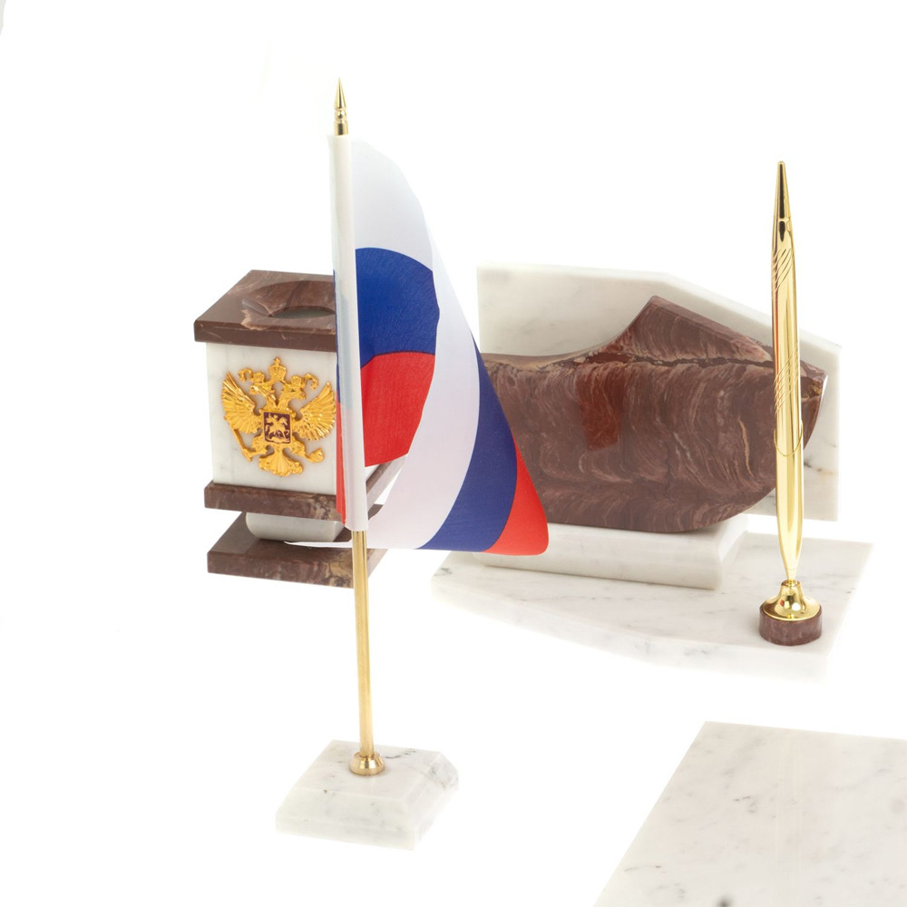 Настольный письменный набор из мрамора и лемезита с гербом и флагом России Marble Accessory