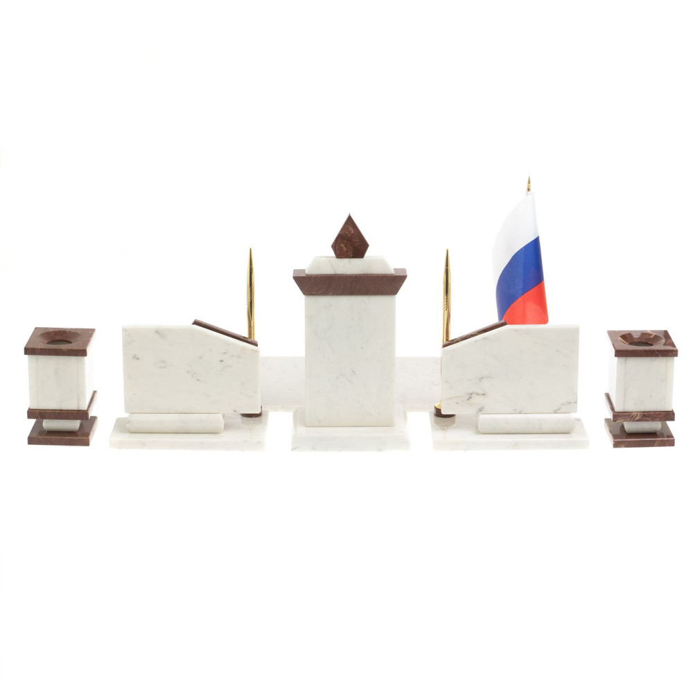 Настольный письменный набор из мрамора и лемезита с гербом и флагом России Marble Accessory