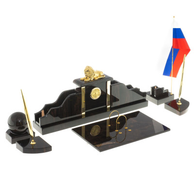 Настольный письменный набор из чёрного обсидиана с декором в виде льва Golden Lion