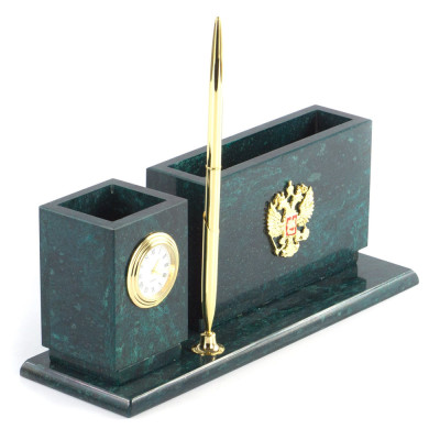 Настольный письменный набор с гербом России и часами из природного камня змеевик Successful Leader