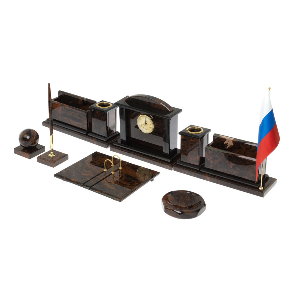 Настольный письменный набор с часами из природного камня обсидиана Gift for Manager