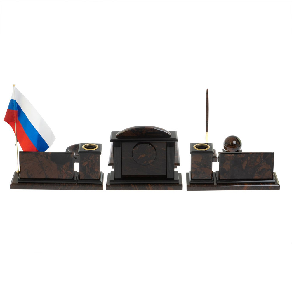 Настольный письменный набор с часами из природного камня обсидиана Gift for Manager