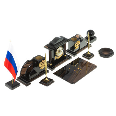 Настольный письменный набор с часами из природного камня обсидиана National Еmblem