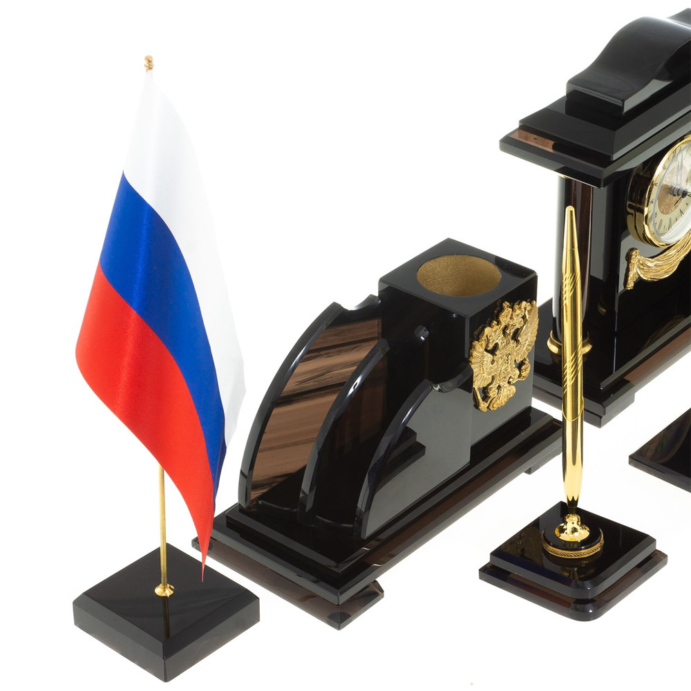 Настольный письменный набор с часами из природного камня обсидиана National Еmblem