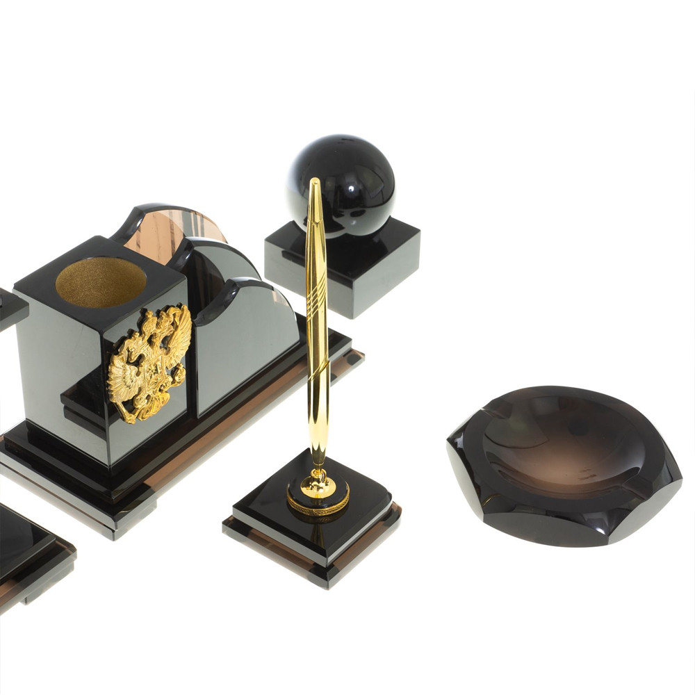 Настольный письменный набор с часами из природного камня обсидиана National Еmblem