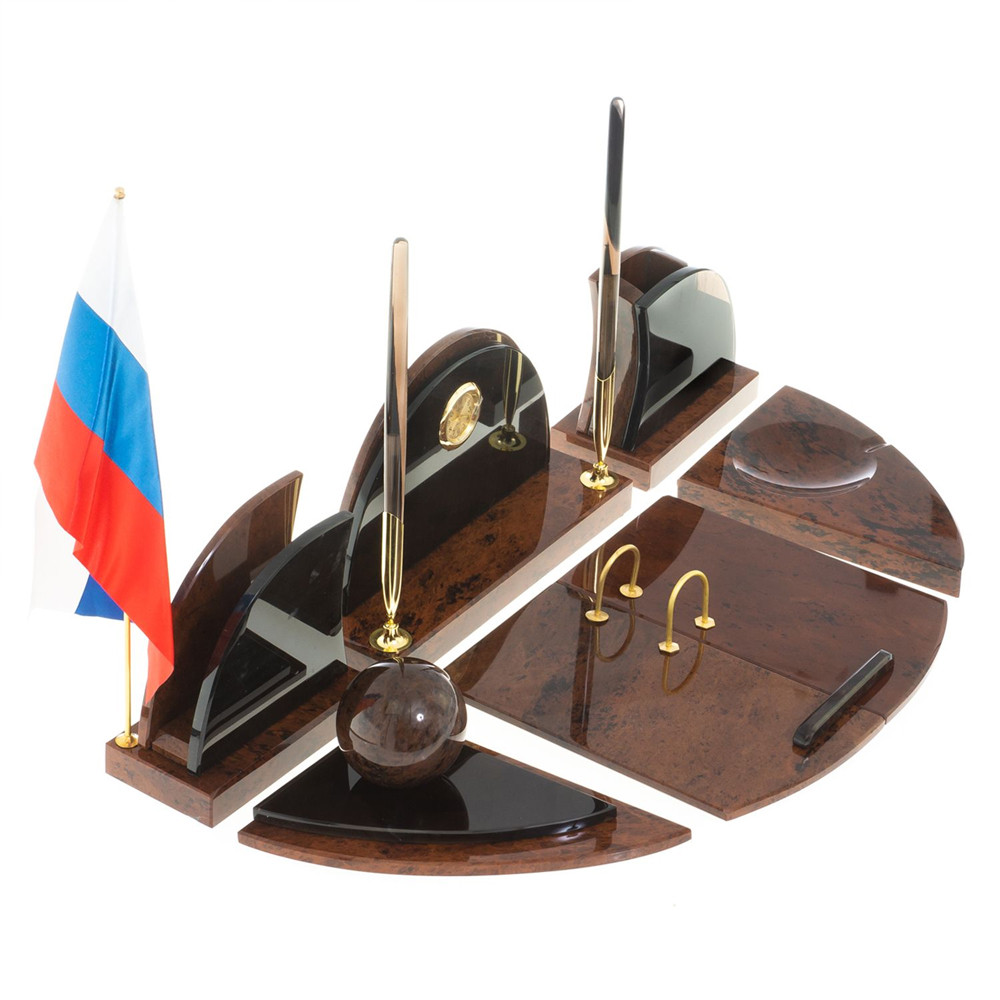 Настольный письменный набор с часами из природного камня обсидиана Oval Office