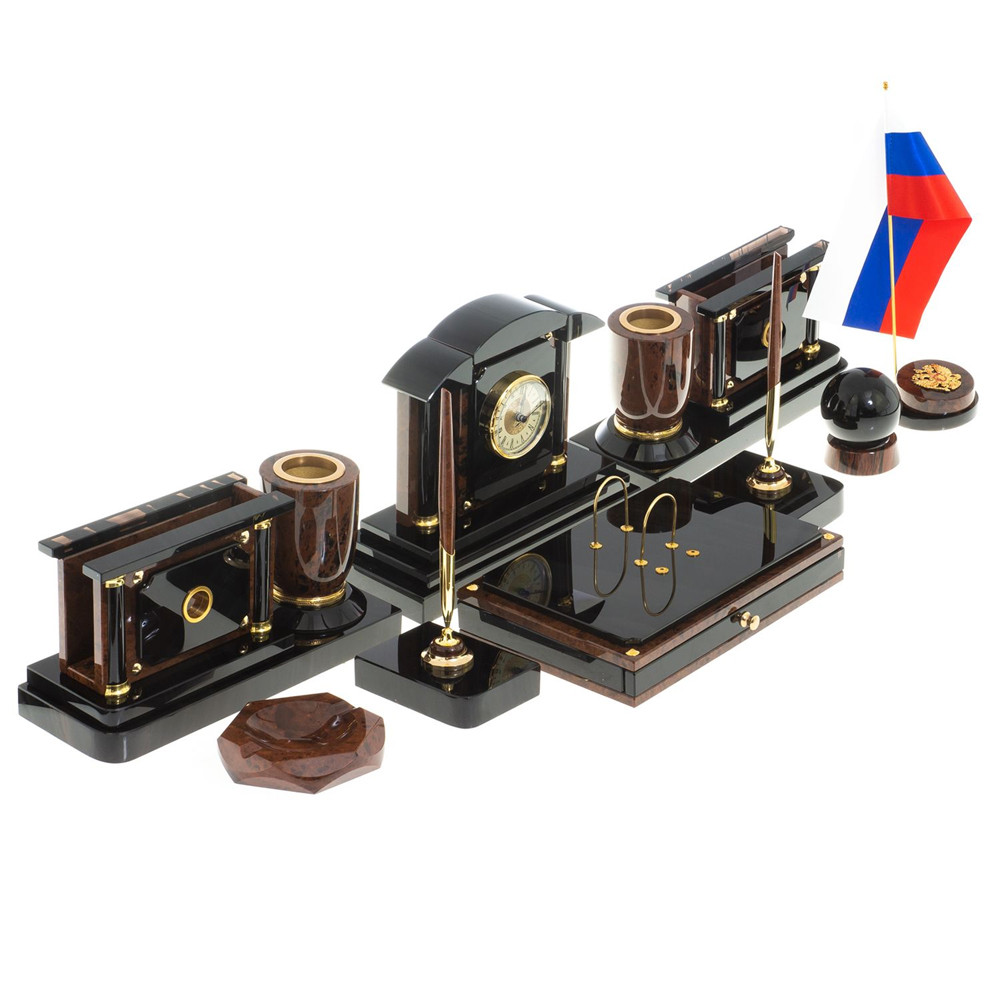 Настольный письменный набор с часами из природного камня обсидиана Peace Contract