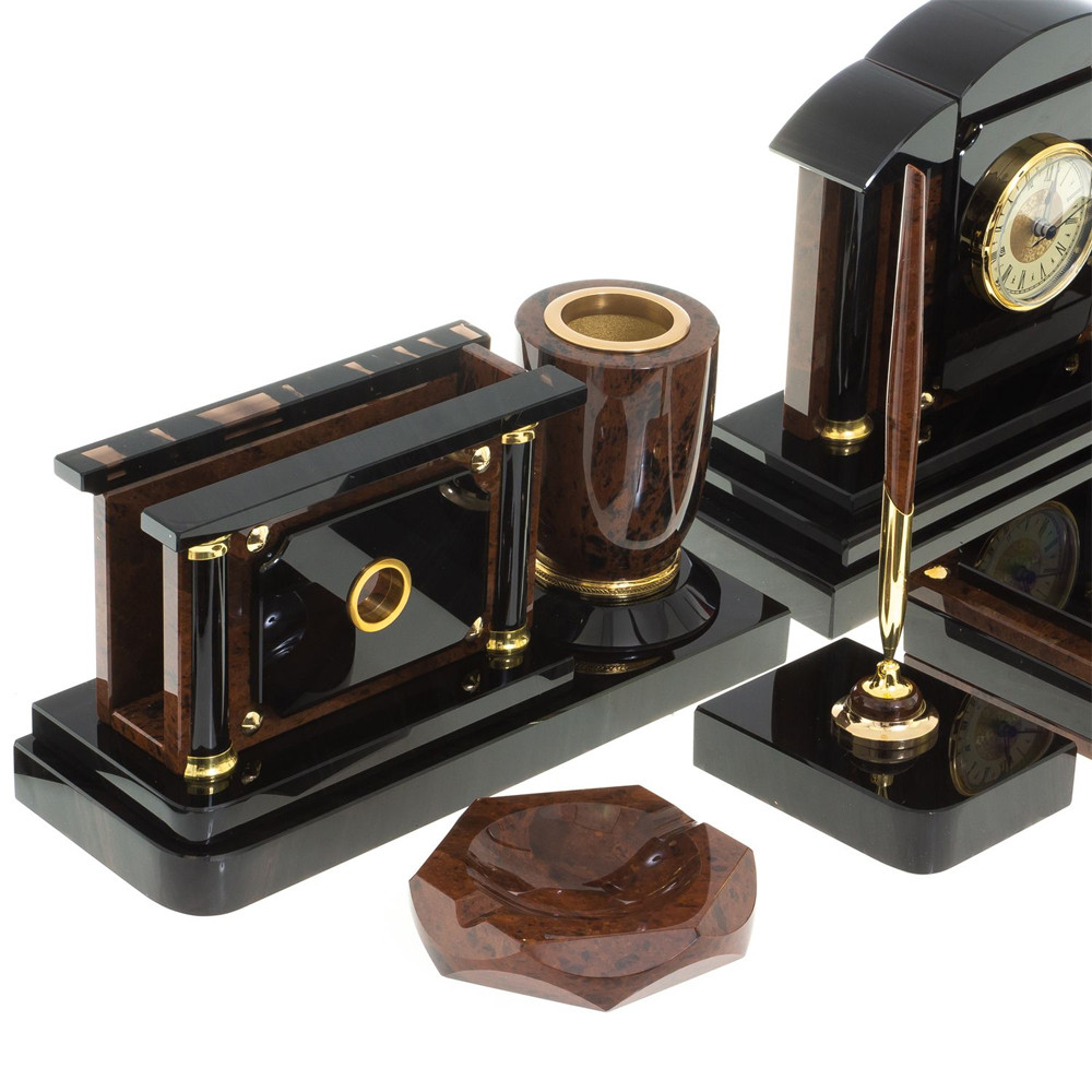 Настольный письменный набор с часами из природного камня обсидиана Peace Contract