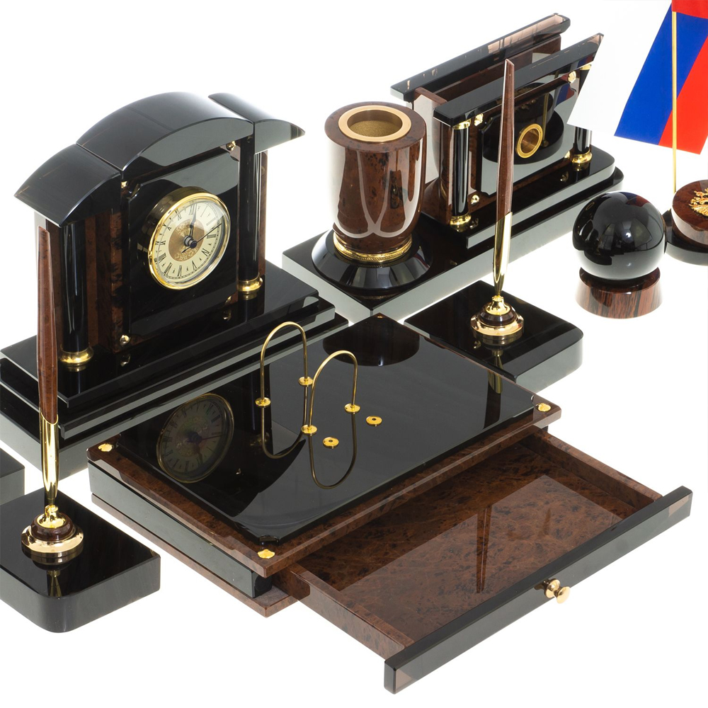 Настольный письменный набор с часами из природного камня обсидиана Peace Contract