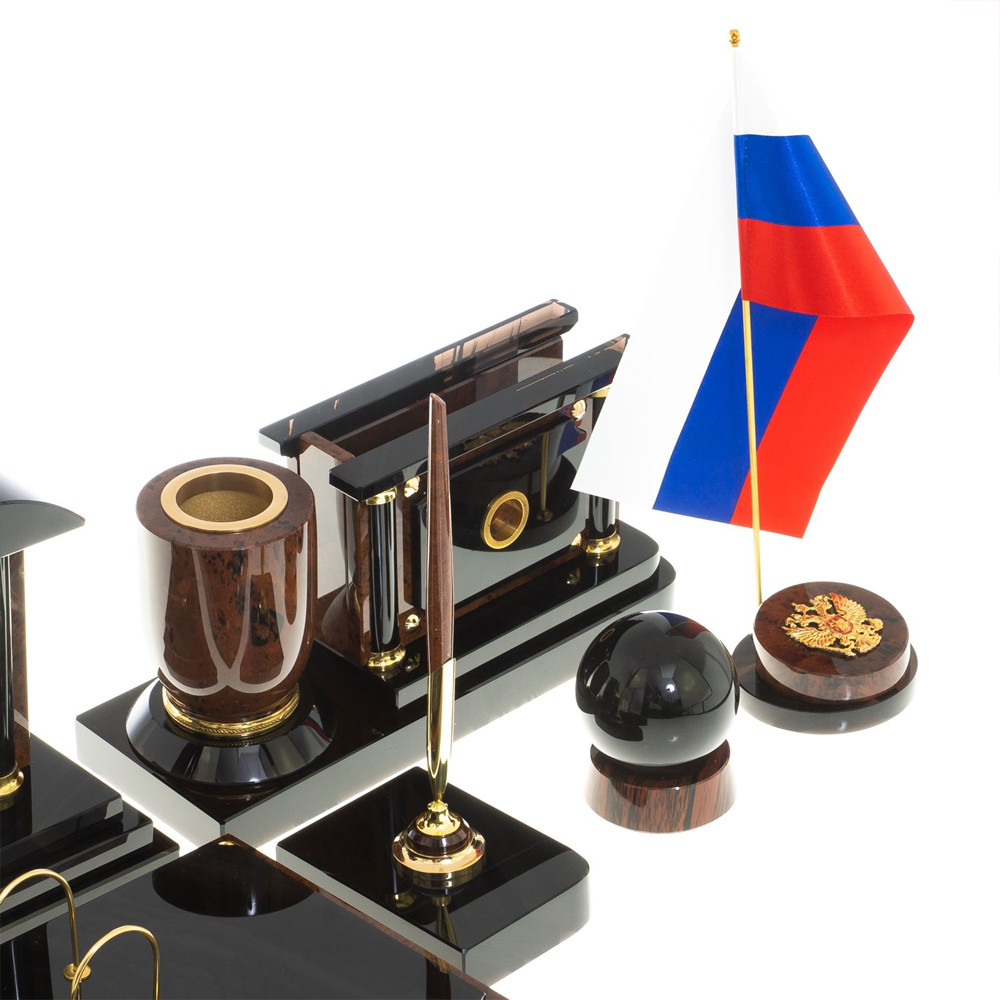 Настольный письменный набор с часами из природного камня обсидиана Peace Contract