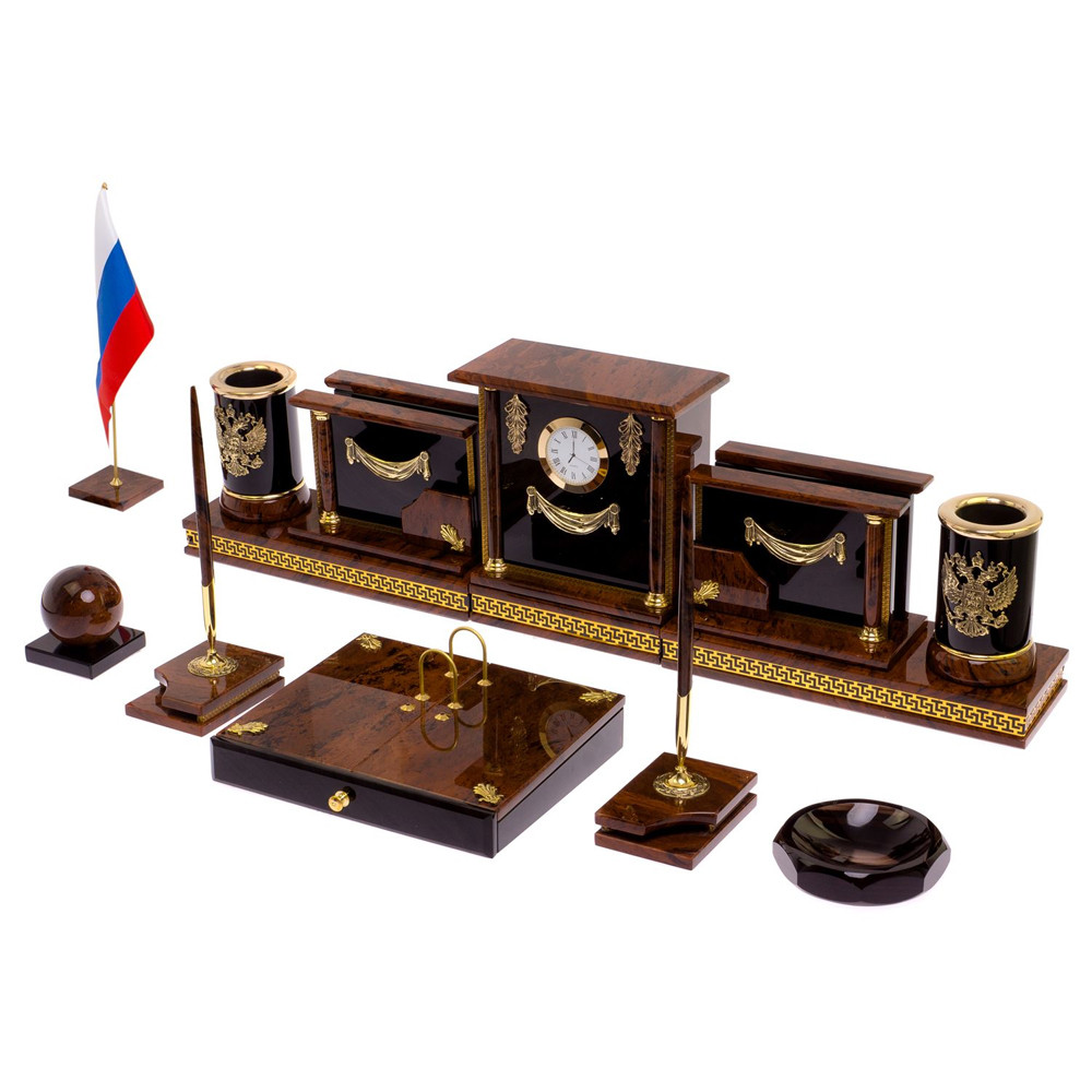Настольный письменный набор с часами из природного камня обсидиана Royal Set