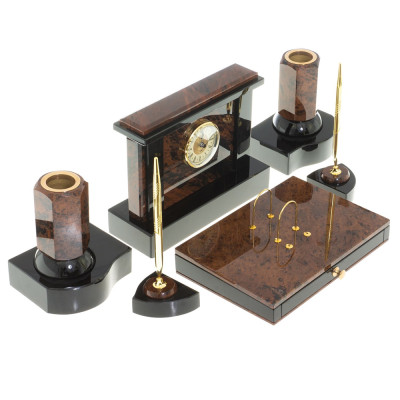 Настольный письменный набор с часами из природного камня обсидиана Royal Stone