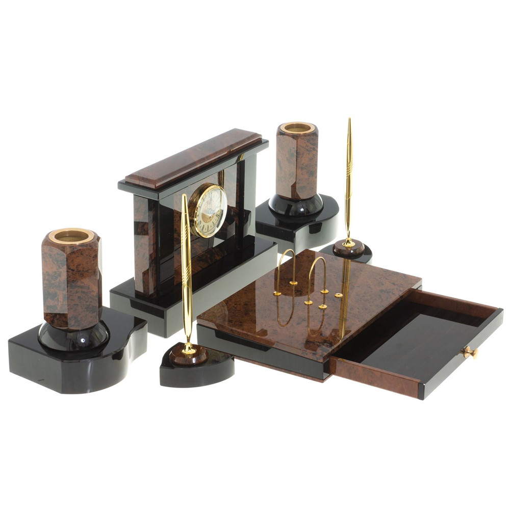 Настольный письменный набор с часами из природного камня обсидиана Royal Stone