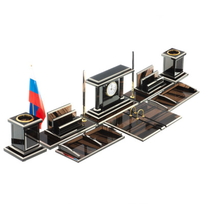 Настольный письменный набор с часами из природного камня обсидиана Team leader