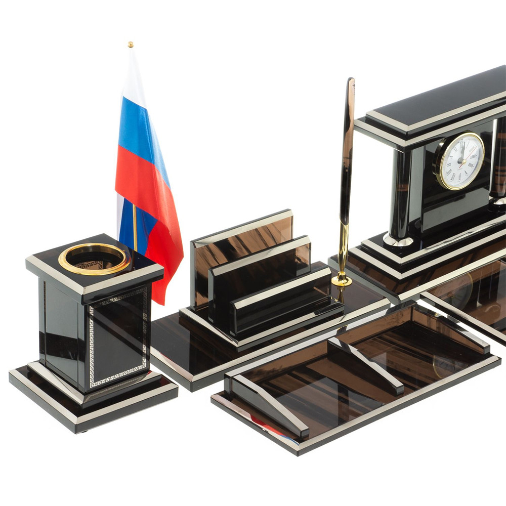 Настольный письменный набор с часами из природного камня обсидиана Team leader