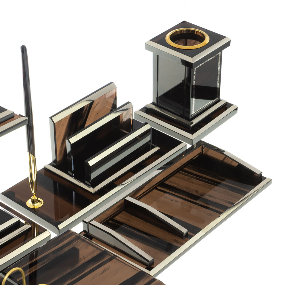 Настольный письменный набор с часами из природного камня обсидиана Team leader