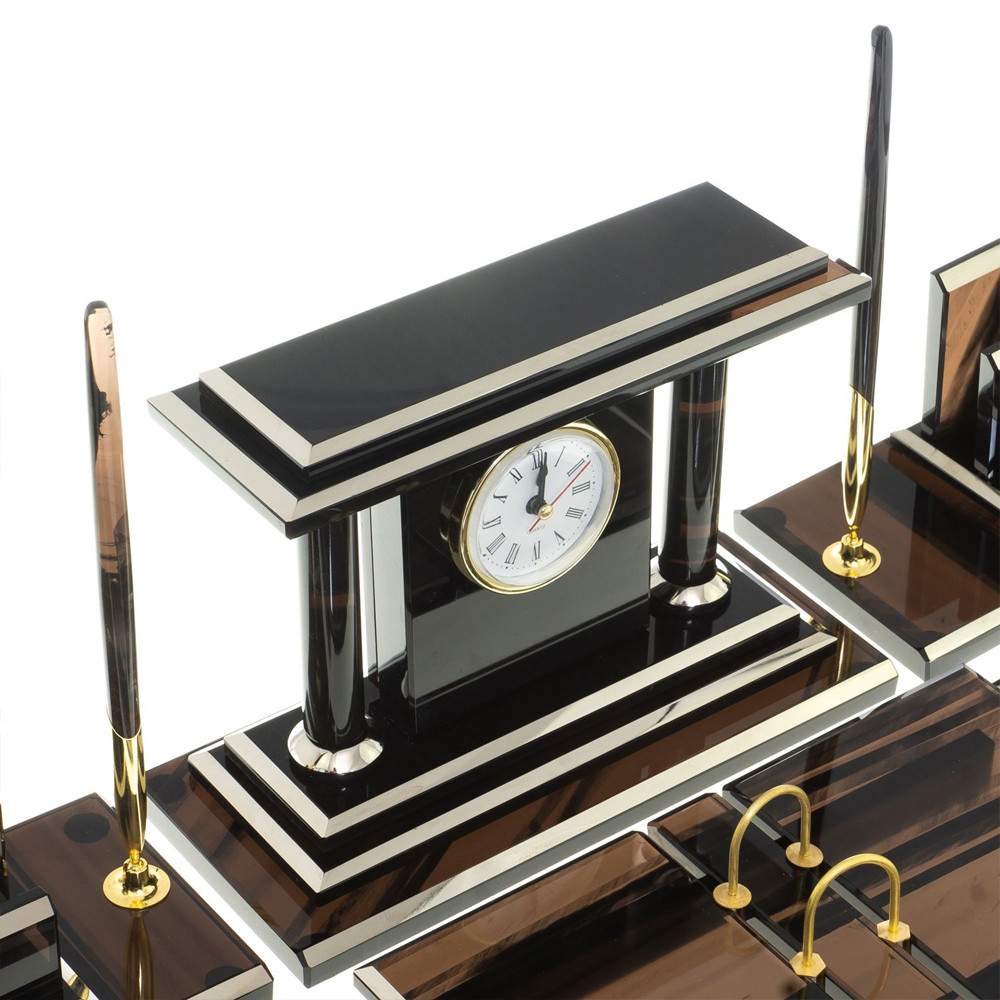 Настольный письменный набор с часами из природного камня обсидиана Team leader