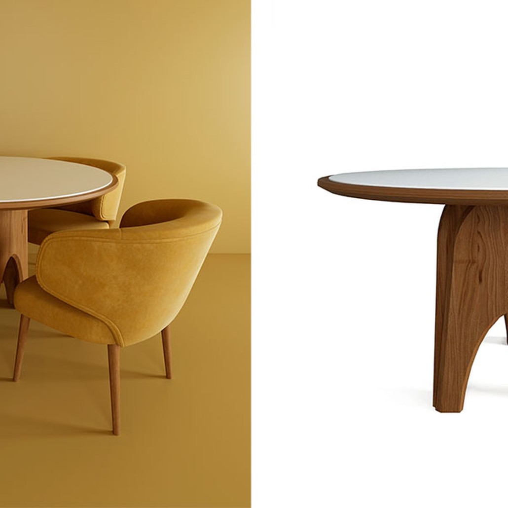 Обеденный круглый стол из дерева со столешницей из камня Pelican Dinner Table