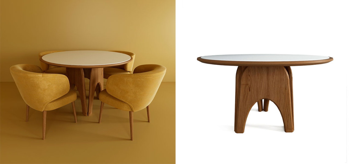Обеденный круглый стол из дерева со столешницей из камня Pelican Dinner Table