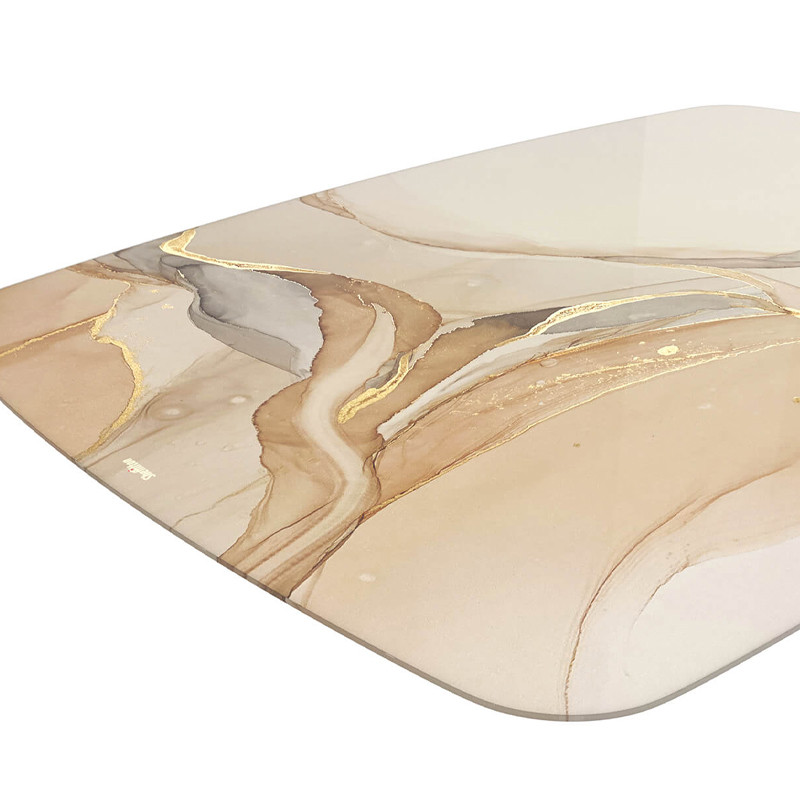 Обеденный стол с прямоугольной бежевой столешницей из стекла на 4-х деревянных ножках Beige Marble