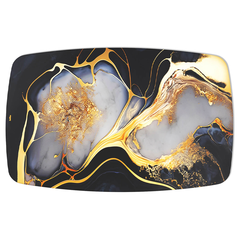 Обеденный стол с прямоугольной черно-золотой столешницей из стекла на 4-х металлических ножках Gold and Black Marble